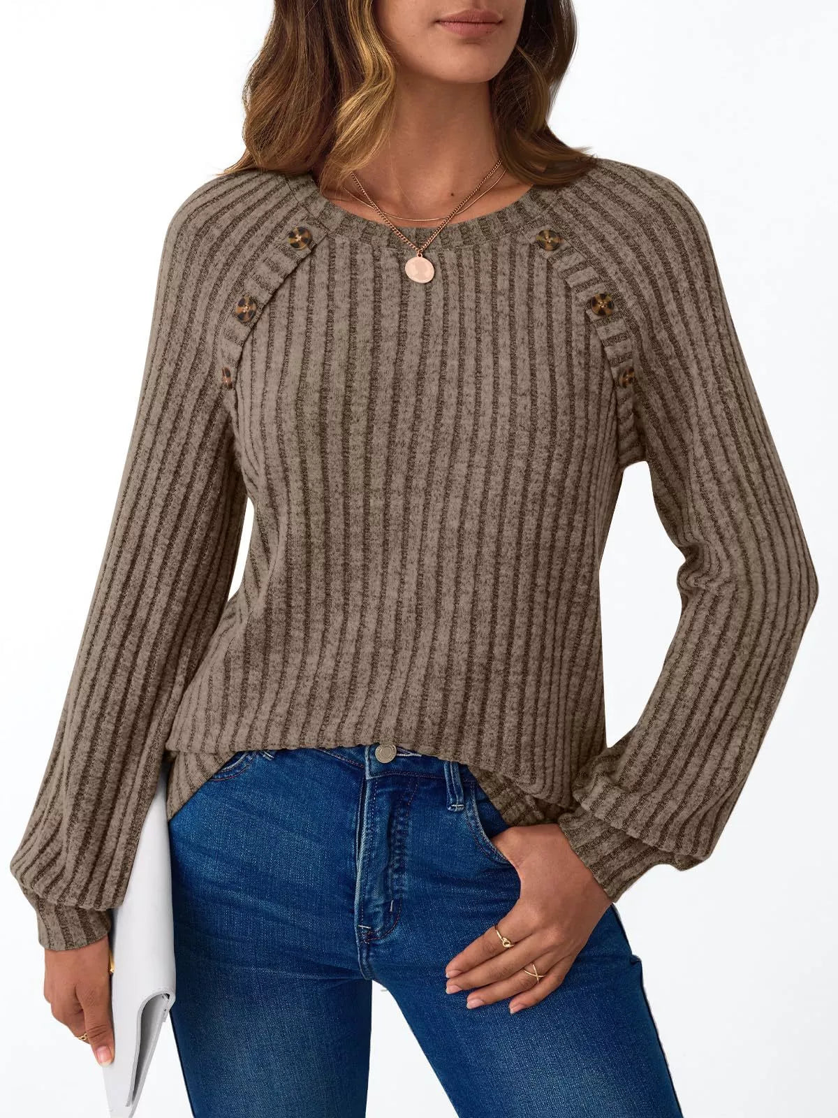 Ribbed Knit Decor Button Long Sleeve T-Shirt OutfitFlow