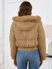 Pocketed Long Sleeve Cropped Hooded Winter Coat OutfitFlow