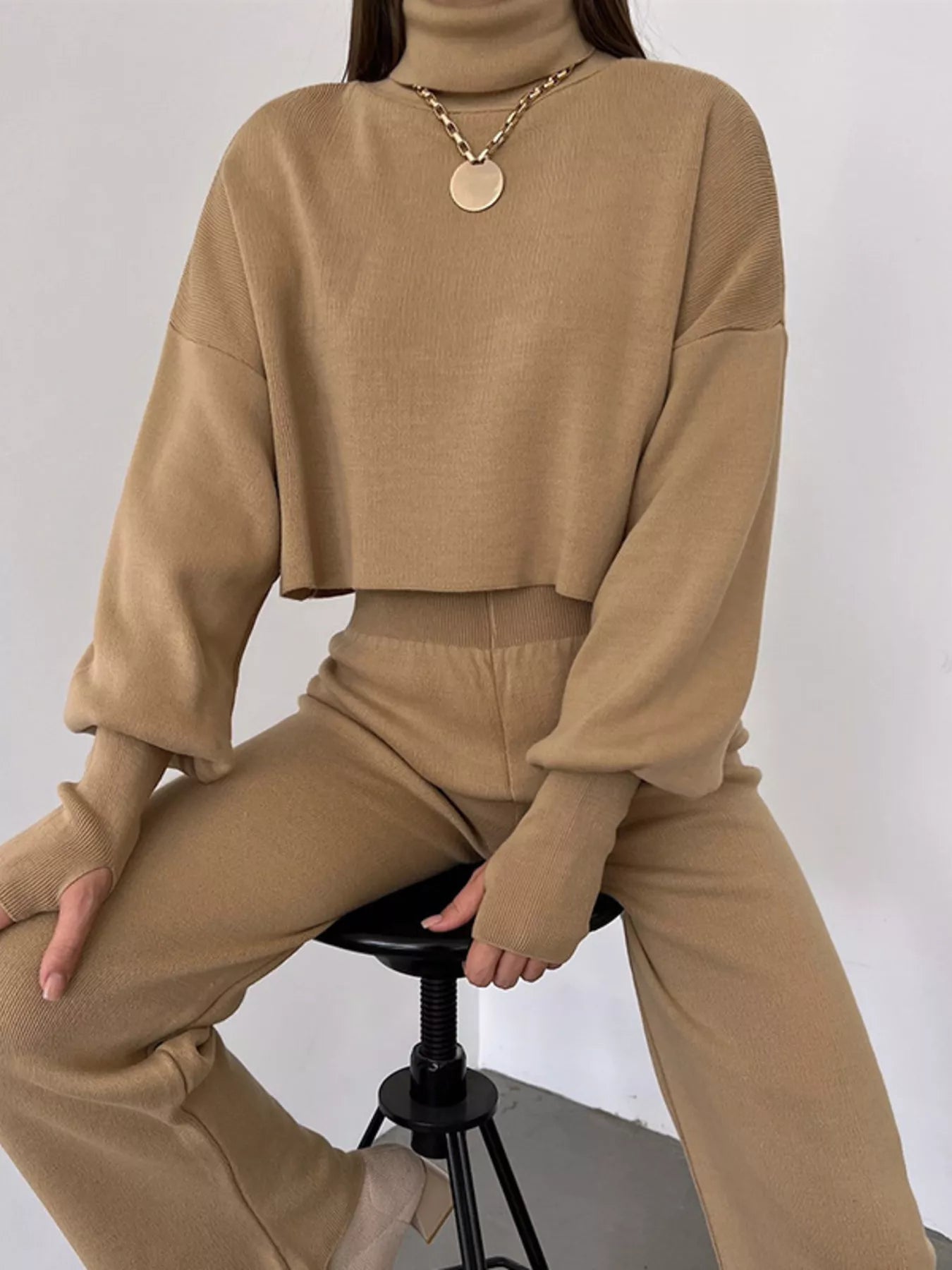 Turtleneck Long Sleeve Top & Pants Set OutfitFlow