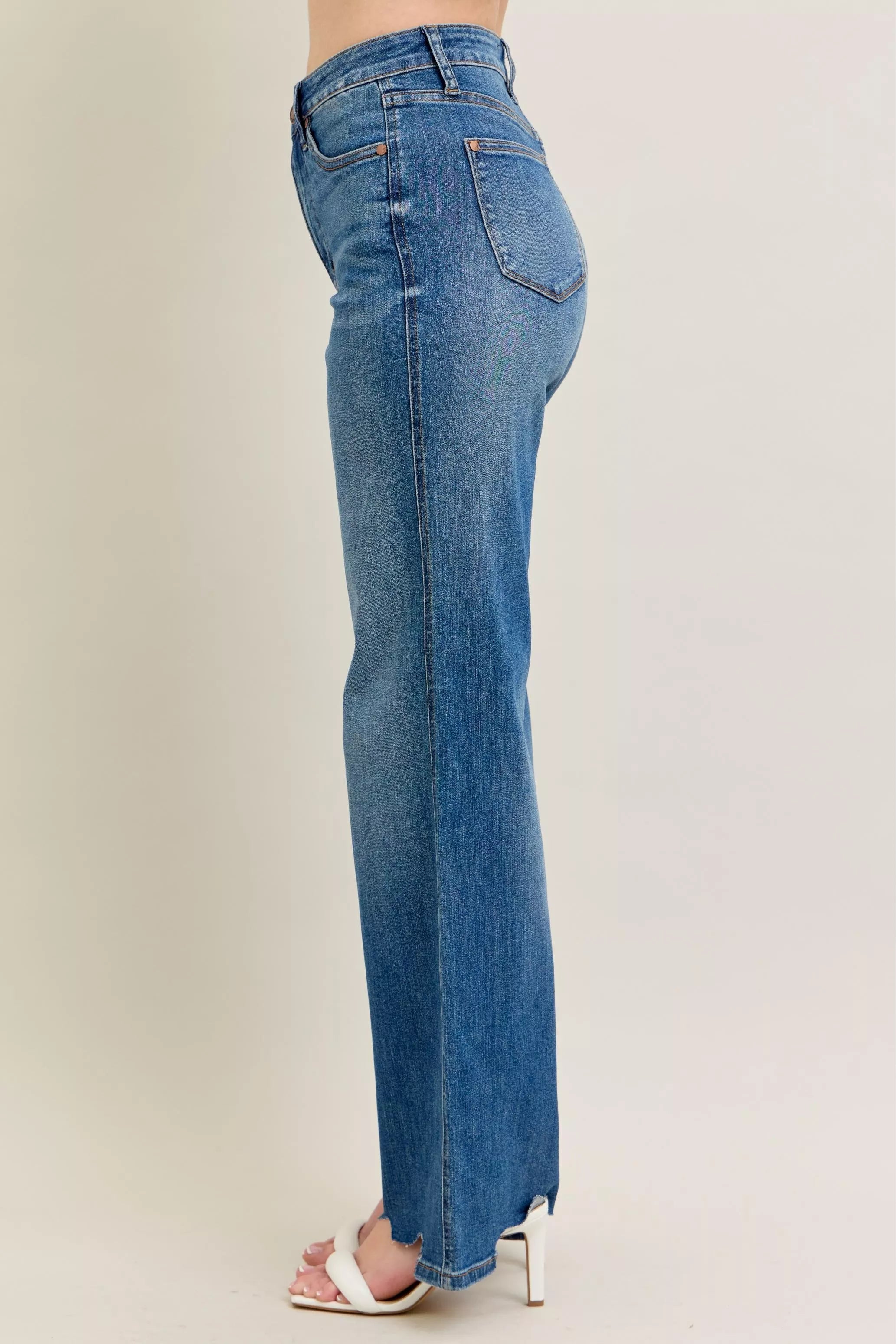 Judy Blue Full Size High Waist Tummy Control Chew Hem Destroy Wide Jeans Plus Size OutfitFlow