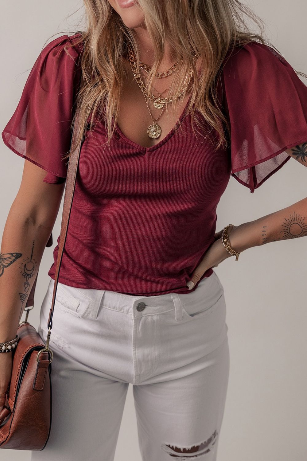 Mesh Short Sleeve Slim V-Neck Top OutfitFlow