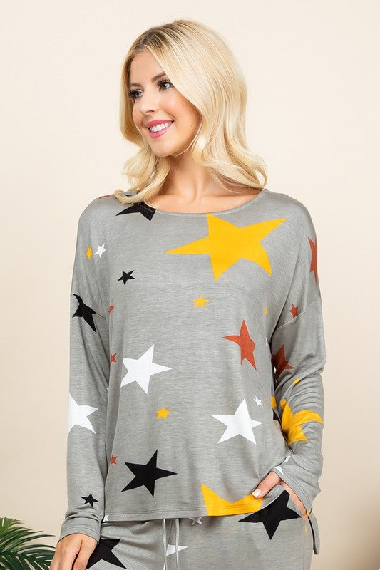 Outfit Flow - Super Lady High-Low Star Print Long Sleeve Lounge Top