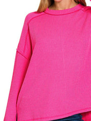 Zenana Exposed Seam Long Sleeve Corded Rib Knit Top OutfitFlow