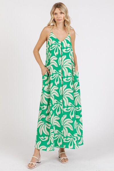 Mittoshop Printed V-Neck Maxi Cami Dress with Pockets OutfitFlow