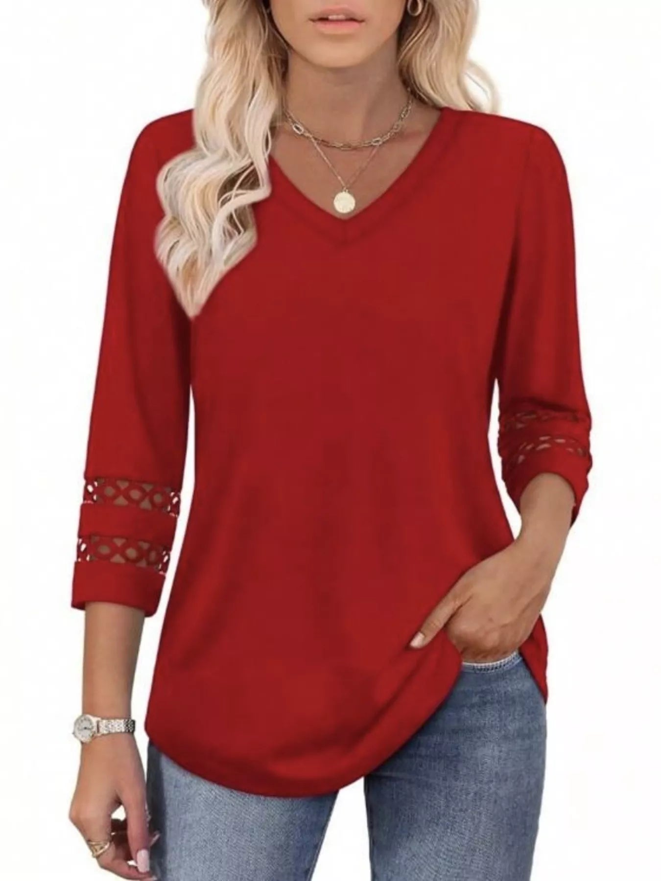 Full Size V-Neck 3/4 Sleeve T-Shirt Plus Size OutfitFlow