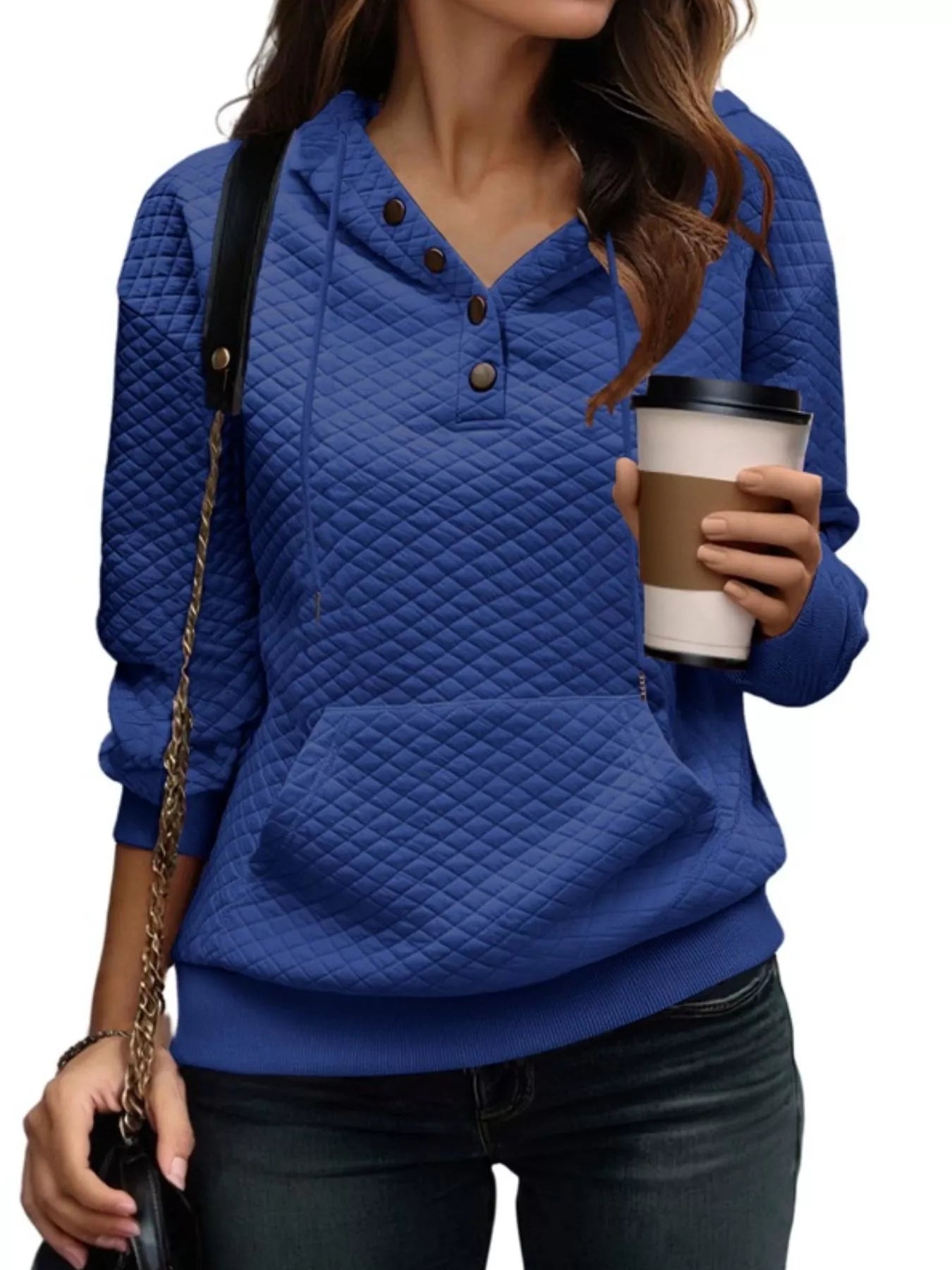 Drawstring Textured Dropped Shoulder Hoodie Blue OutfitFlow