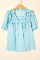 Eyelet Lace Trim Puff Sleeve Blouse OutfitFlow