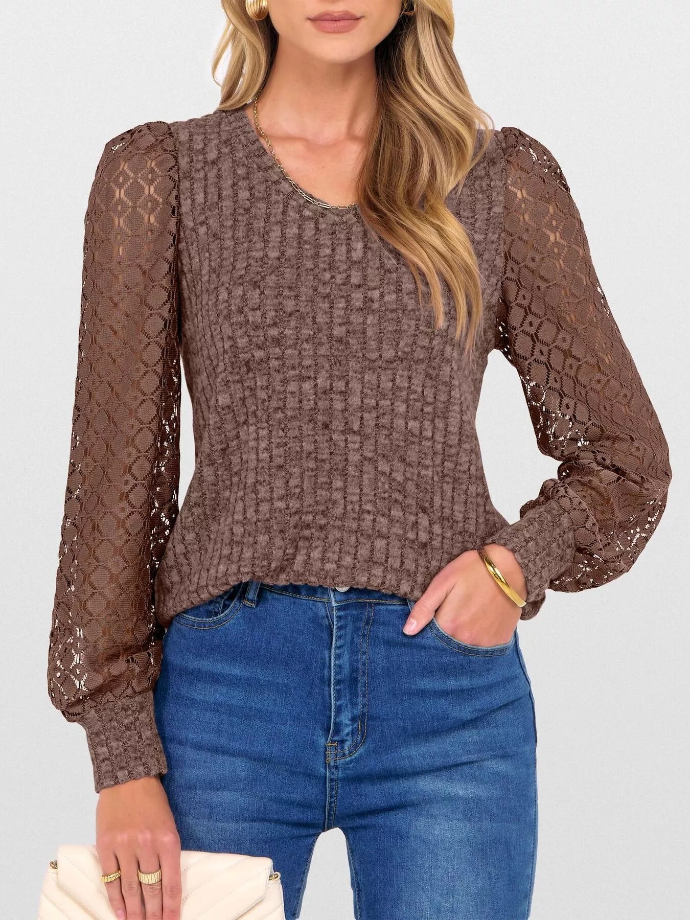 Lace Sleeve V-Neck T-Shirt OutfitFlow