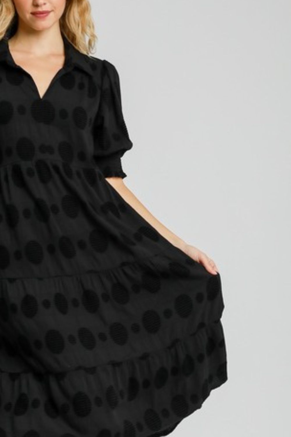 Umgee Full Size Swiss Dot Jacquard Tiered Midi Dress Plus Size OutfitFlow