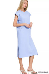 Zenana Round Neck Side Slit Midi Dress OutfitFlow