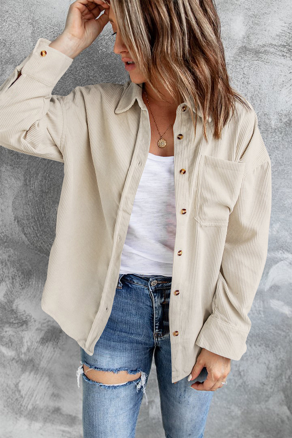 Collared Neck Button Up Dropped Shoulder Jacket