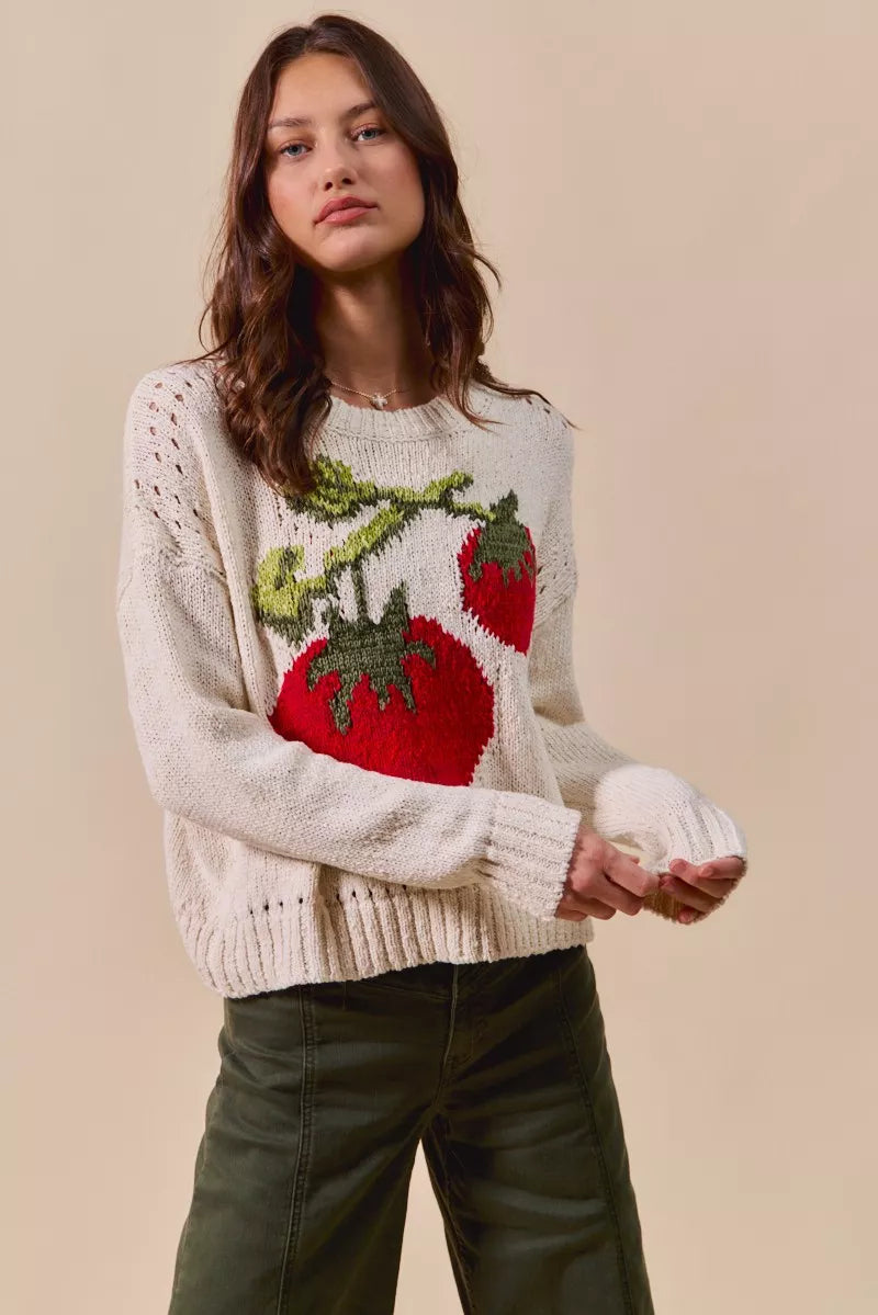 SO ME Vegetable Round Neck Long Sleeve Sweater OutfitFlow