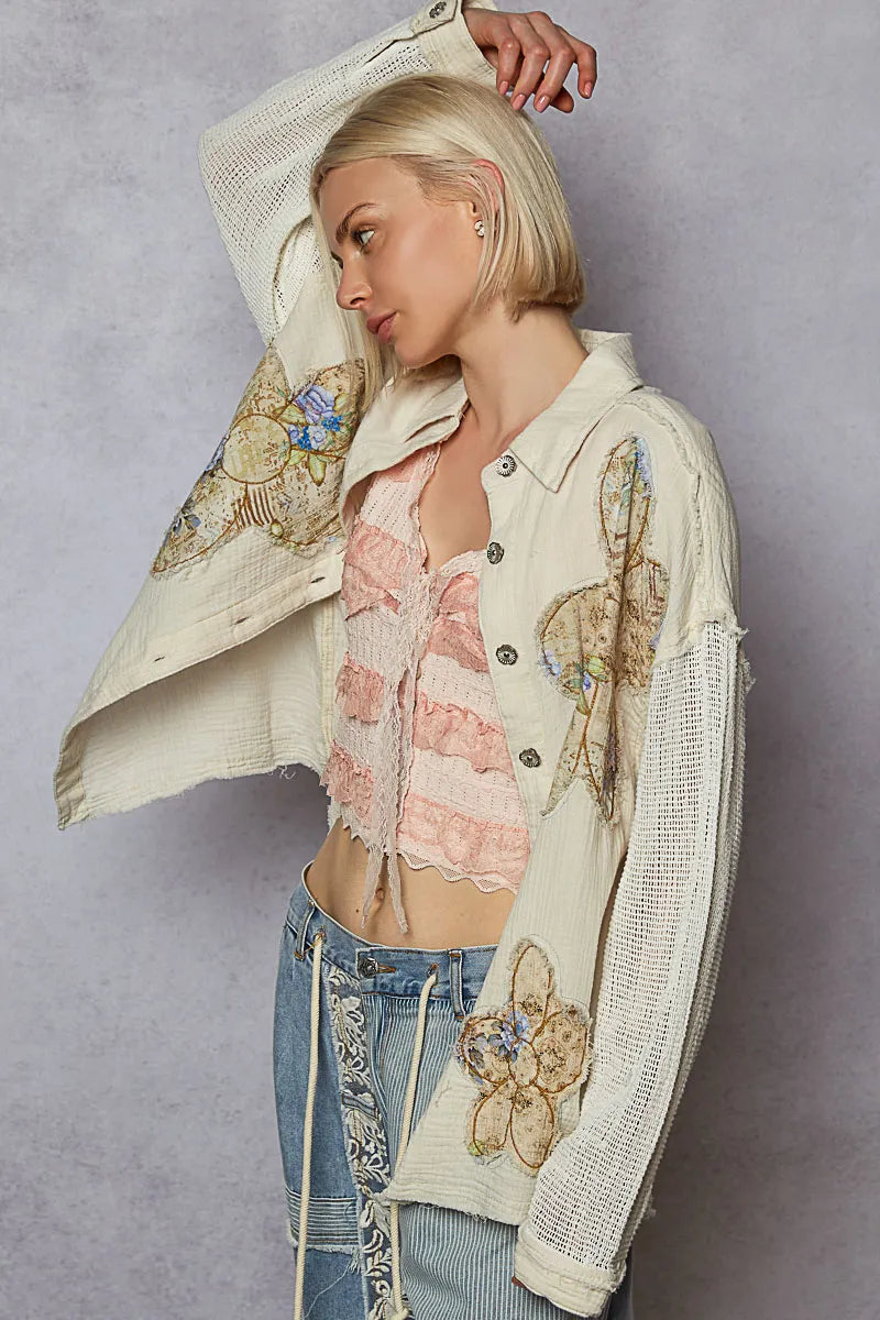 POL Button Down Exposed Seam Flower Print Patch Shirt with Crochet Long Sleeve OutfitFlow