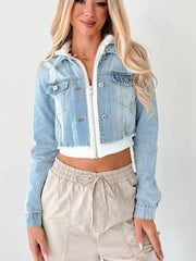 Distressed Zip Up Cropped Hooded Denim Jacket OutfitFlow