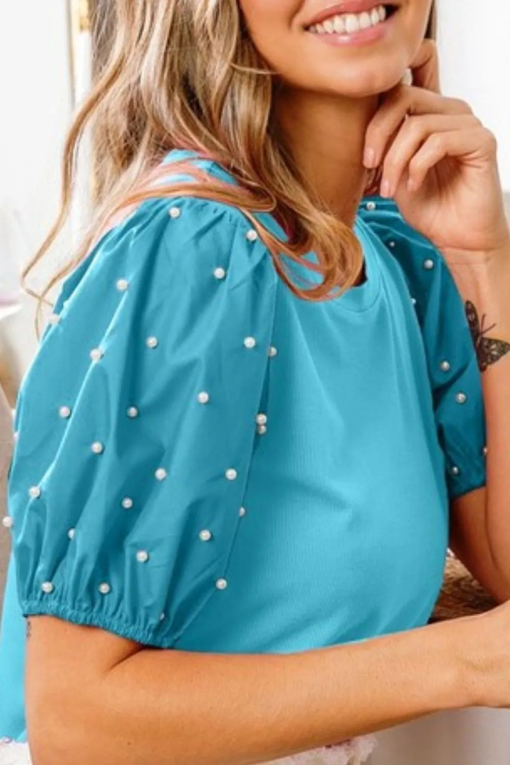 BiBi Pearl Beaded Short Puff Sleeve Top OutfitFlow