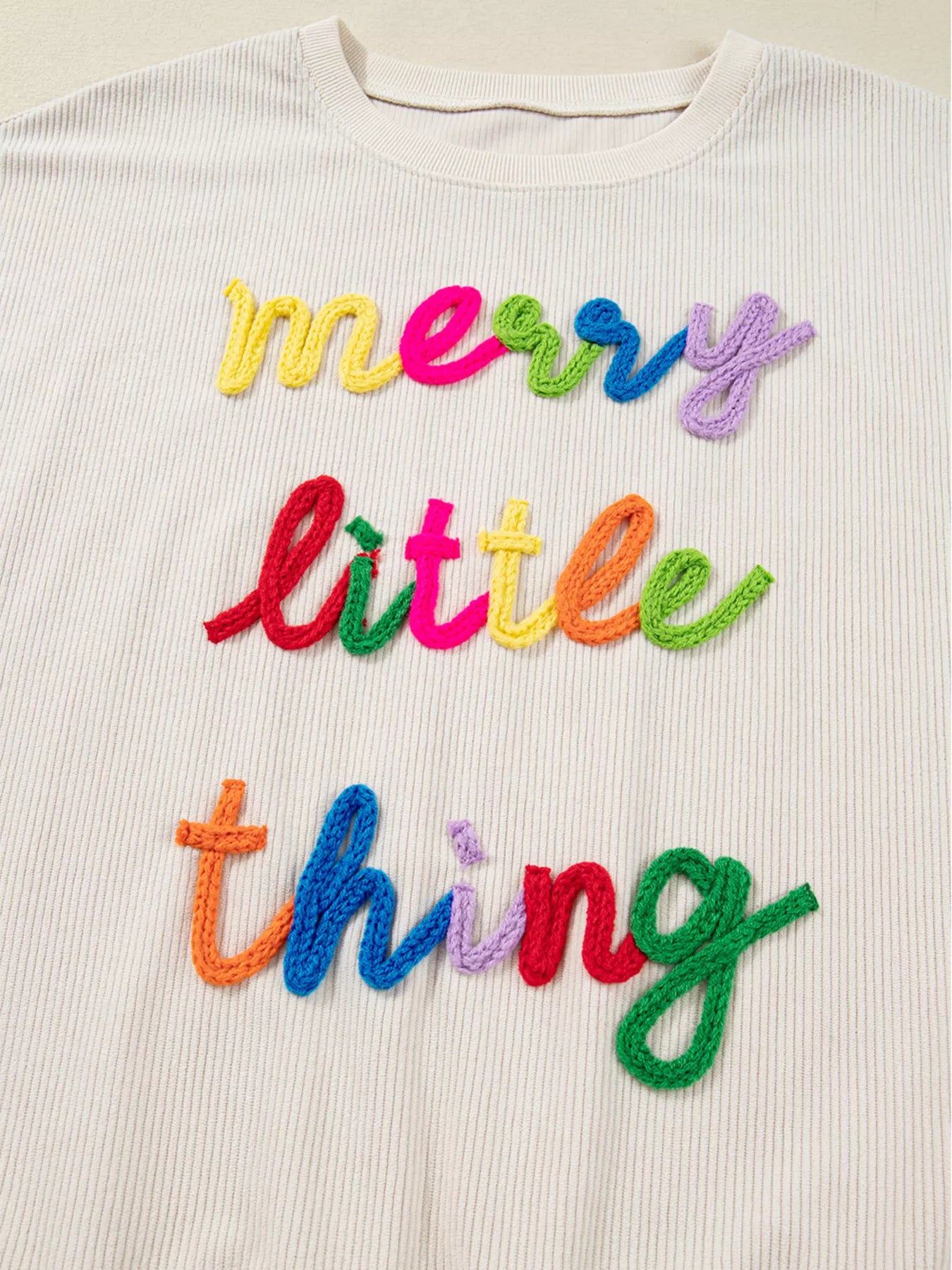 Merry Little Thing Corded Letter Graphic Ribbed Sweatshirt OutfitFlow