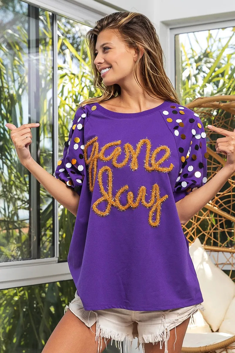BiBi Game Day Metallic Letter Spangle Sleeve Top OutfitFlow