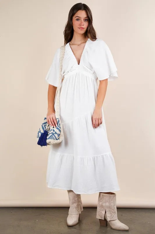 VERY J Mineral Washed Elastic Neck Detail Midi Dress White OutfitFlow