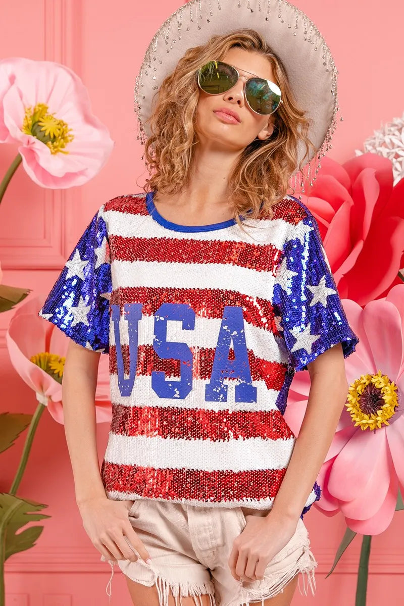 BiBi American Flag Theme USA Lettering Sequin Top OutfitFlow