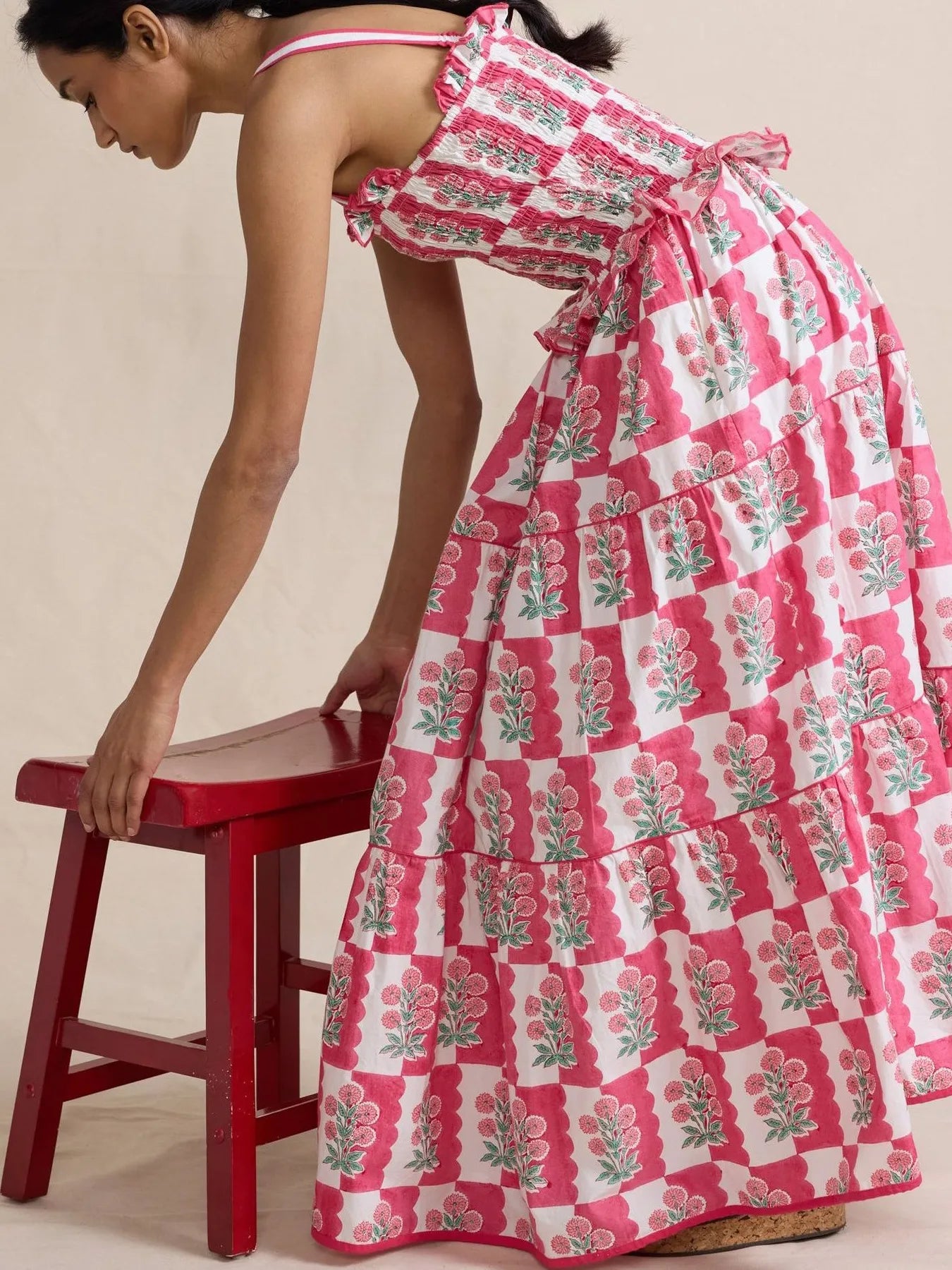 Bohemian Floral Print Smocked Tiered Maxi Dress OutfitFlow