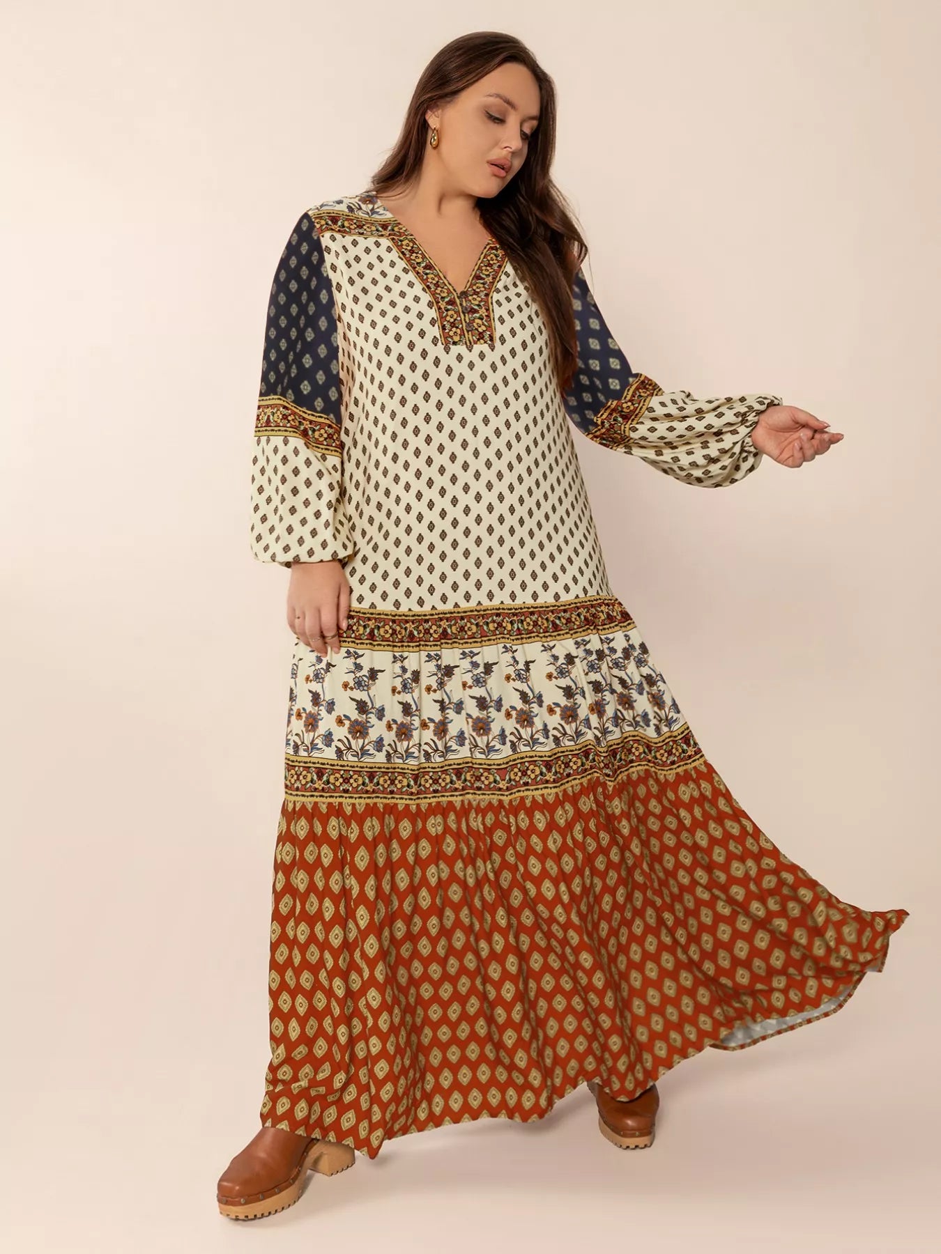Plus Size Notched Balloon Sleeve Maxi Dress OutfitFlow