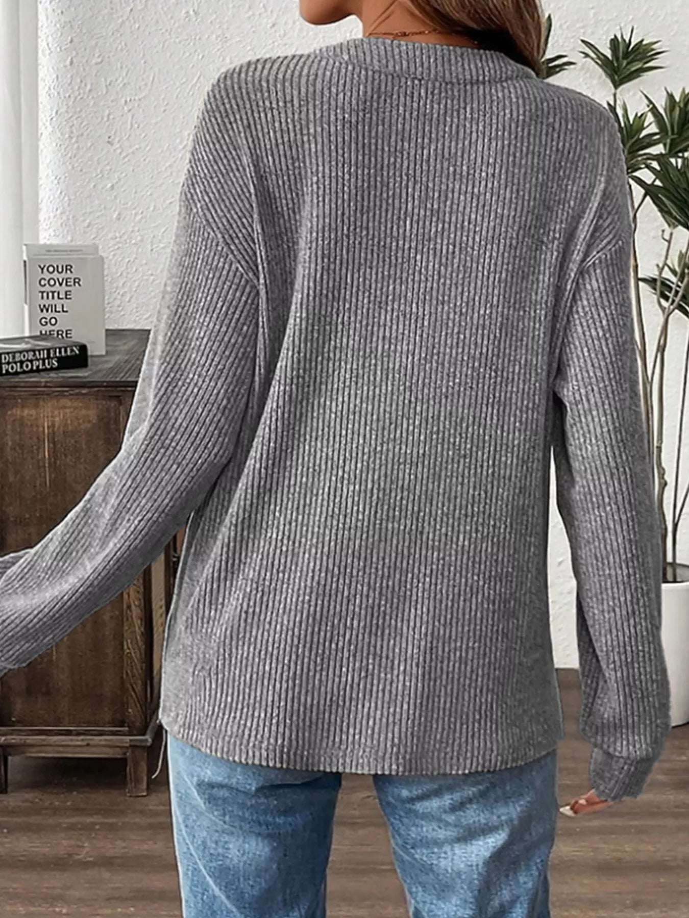 Ribbed Button Detail Long Sleeve T-Shirt OutfitFlow