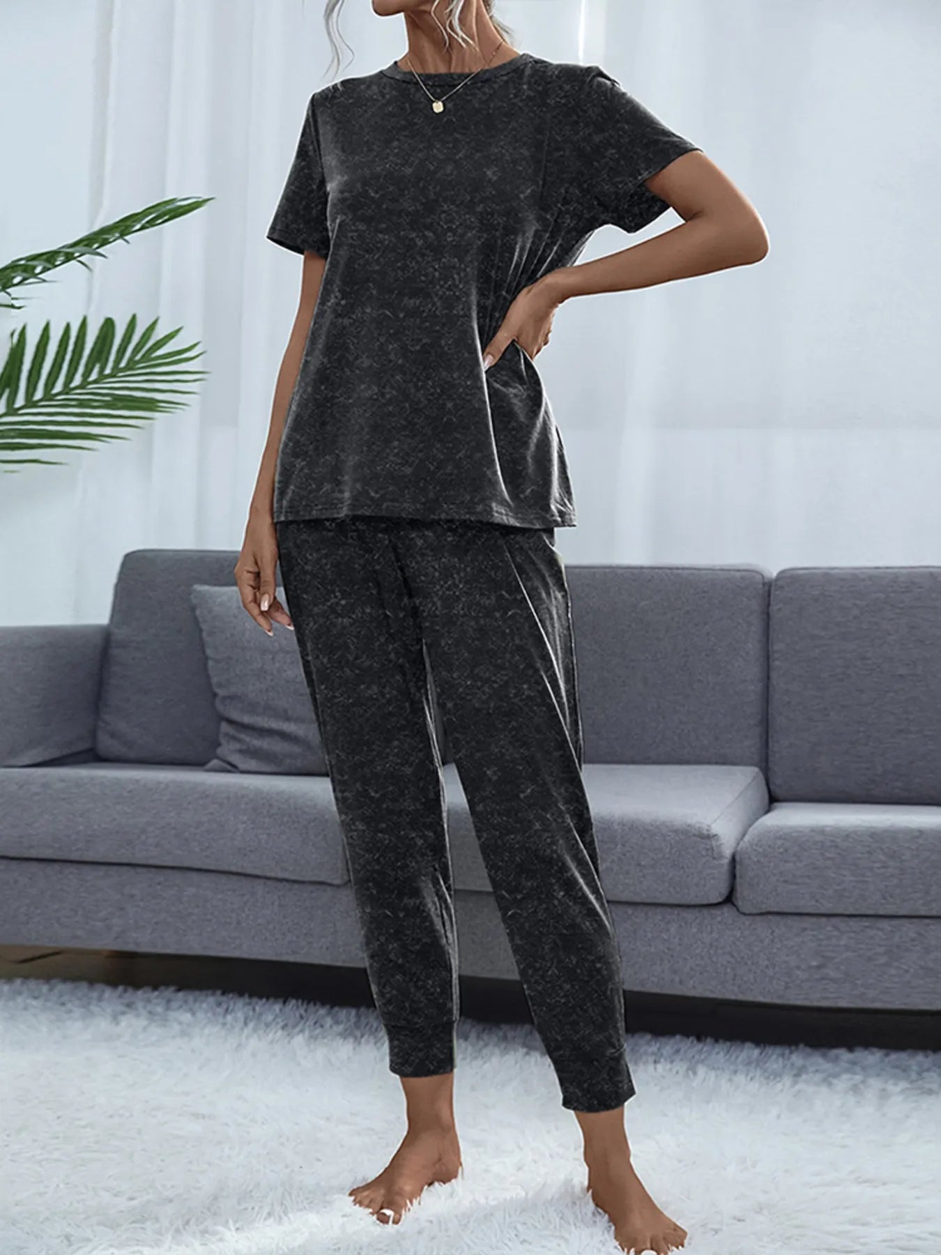 Round Neck Short Sleeve Top and Pants Lounge Set OutfitFlow