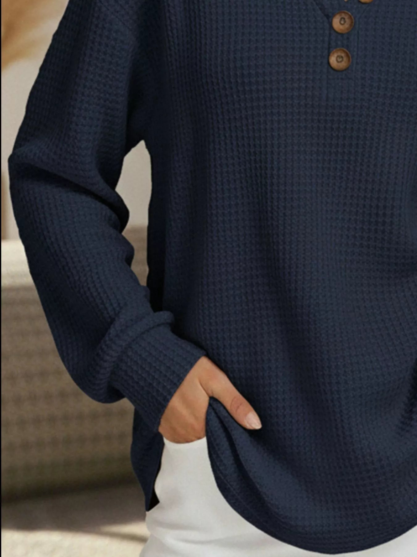 Full Size Casual Waffle Knit Long Sleeve T-Shirt Plus Size OutfitFlow