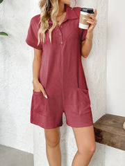 Button Detail Collared Neck Short Sleeve Romper