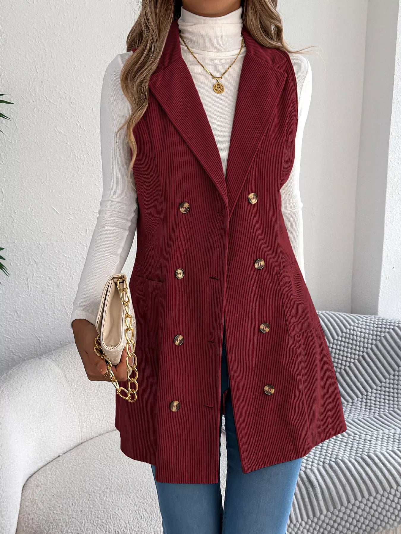 Double-Breasted Long Vest Coat Trendsi