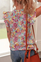 Multicolour Floral Pleated Detail Flutter Sleeve Blouse OutfitFlow