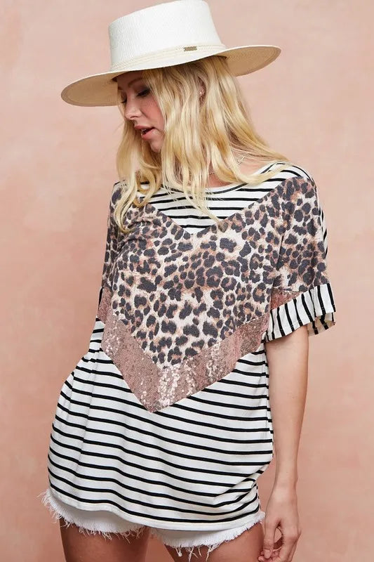 BiBi Stripe Rayon Span Knit Color Block Top With Leopard OutfitFlow
