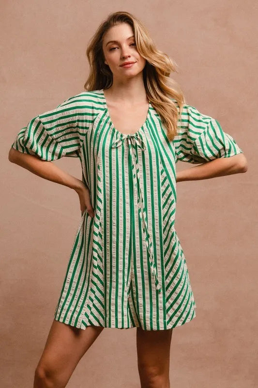 BiBi Puffy Sleeves Romper with Back Button Closure OutfitFlow