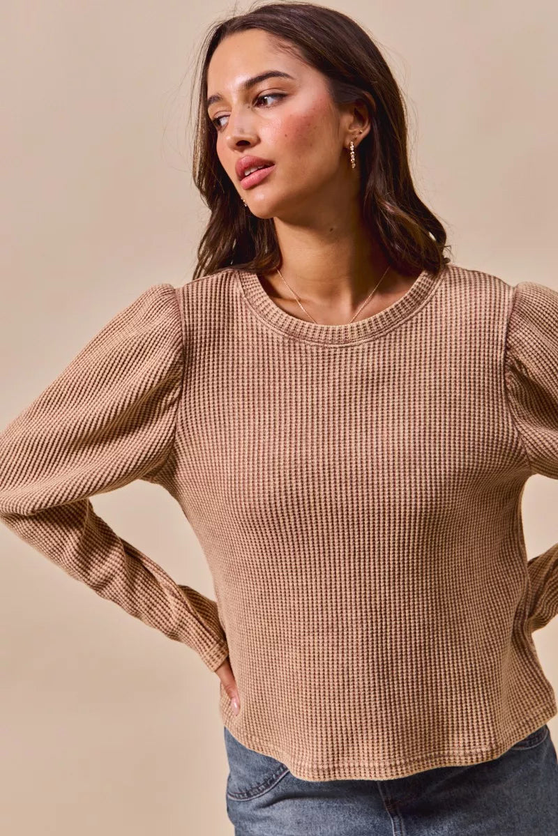 SO ME Mineral Washed Waffle Top With Puff Sleeves OutfitFlow