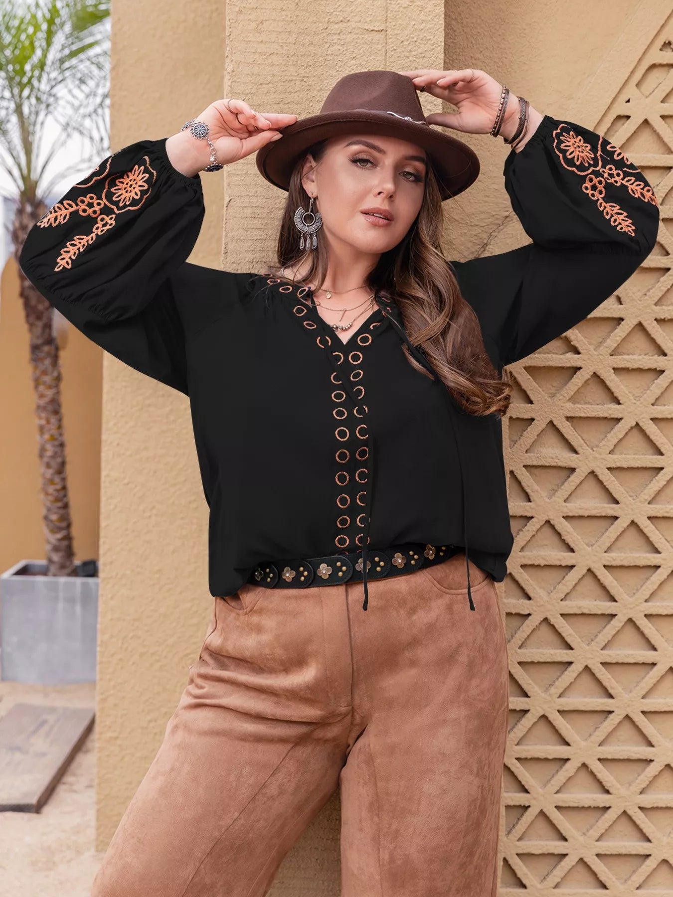 Plus Size Boho Embroidered Long Sleeve Blouse OutfitFlow