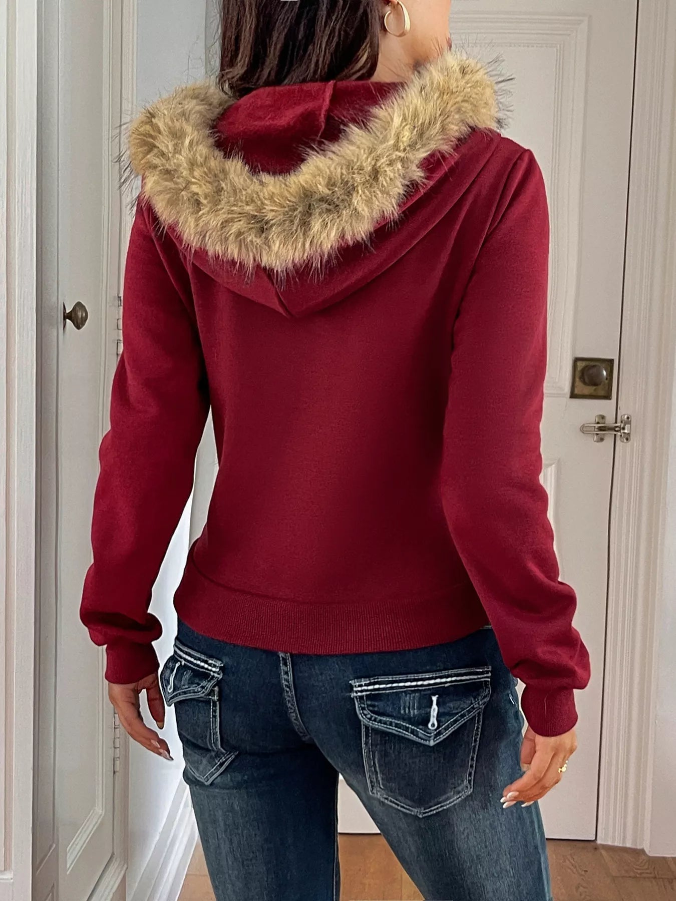 Fur Hooded Zip-Up Jacket Trendsi