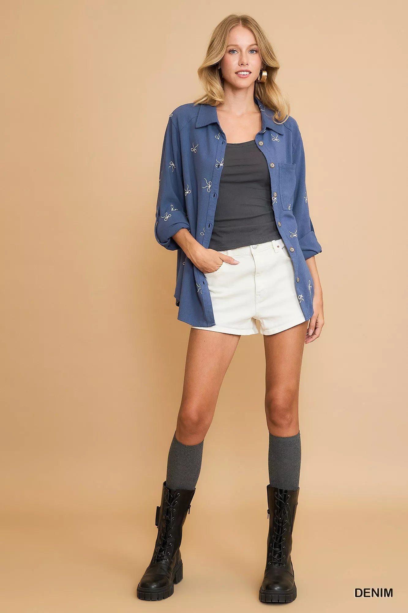 Umgee Linen Blend Fitted Shirt with Ribbon Embroidery Details Trendsi