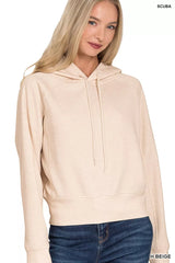 Zenana Drawstring Scuba Hoodie H BEIGE OutfitFlow