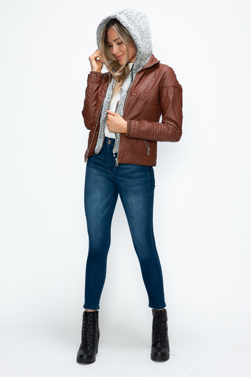 Outfit Flow - YMI Faux Layered Double-Zipper Jacket with Fuzzy Hood