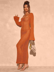 Openwork Square Neck Flare Sleeve Cover-Up Dress OutfitFlow