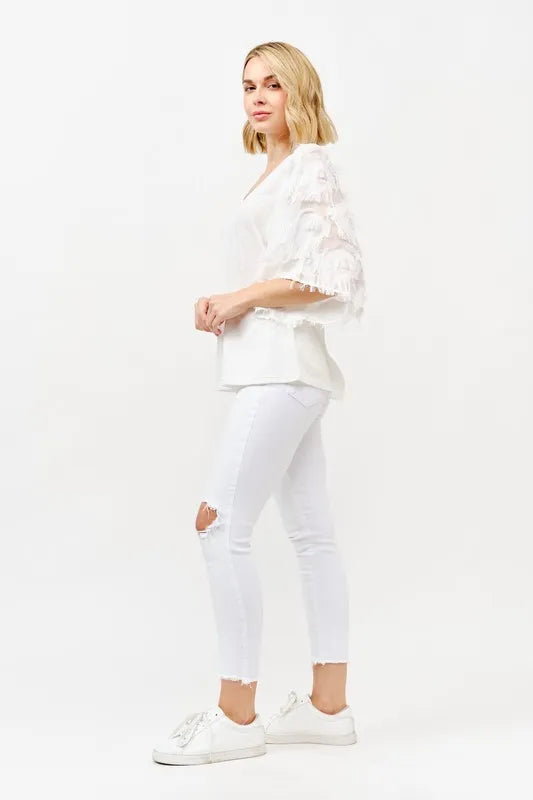 And The Why Feather Detailed 3/4 Sleeve Slub Top OutfitFlow