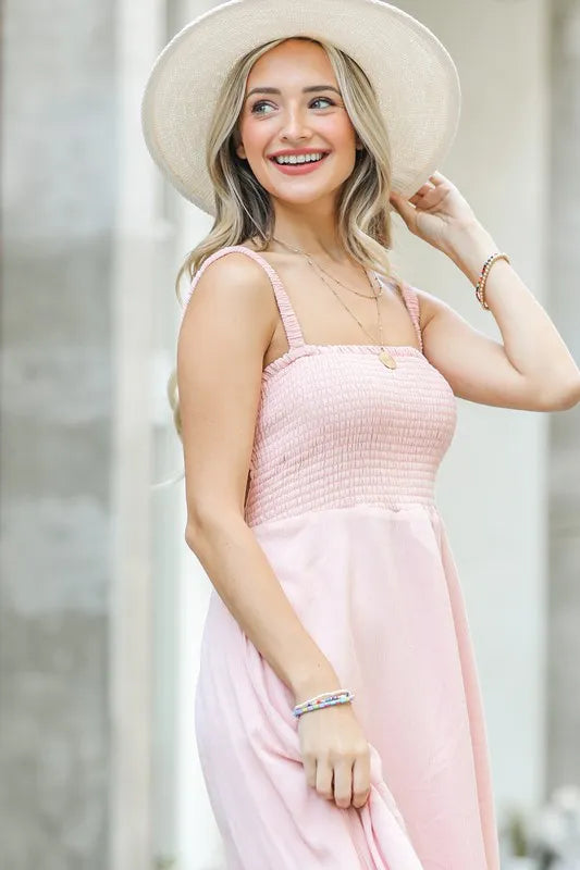 And The Why Smocking Open-Back Sleeveless Midi Dress OutfitFlow