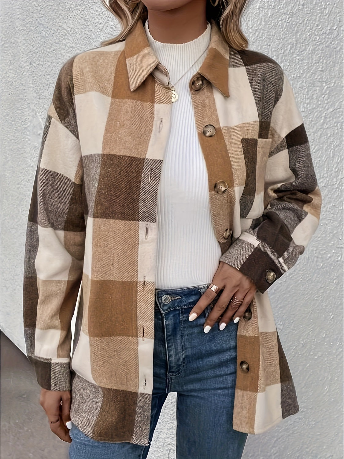 Outfit Flow - Curved Hem Plaid Collared Neck Shacket