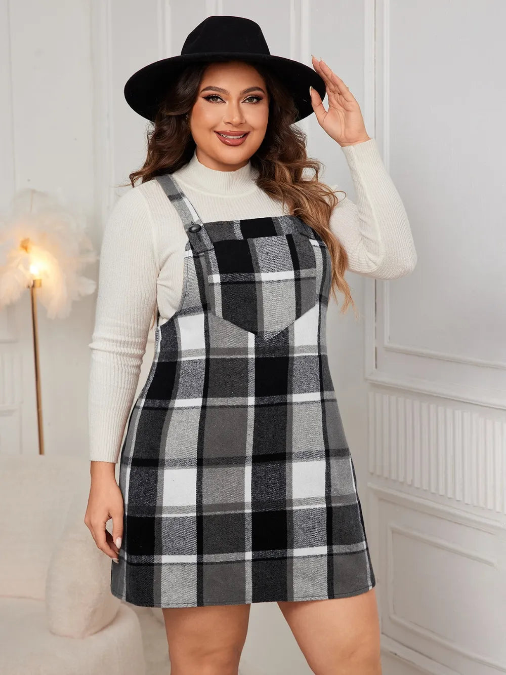 Honey Plus Size Plaid Wide Strap Overall Dress OutfitFlow