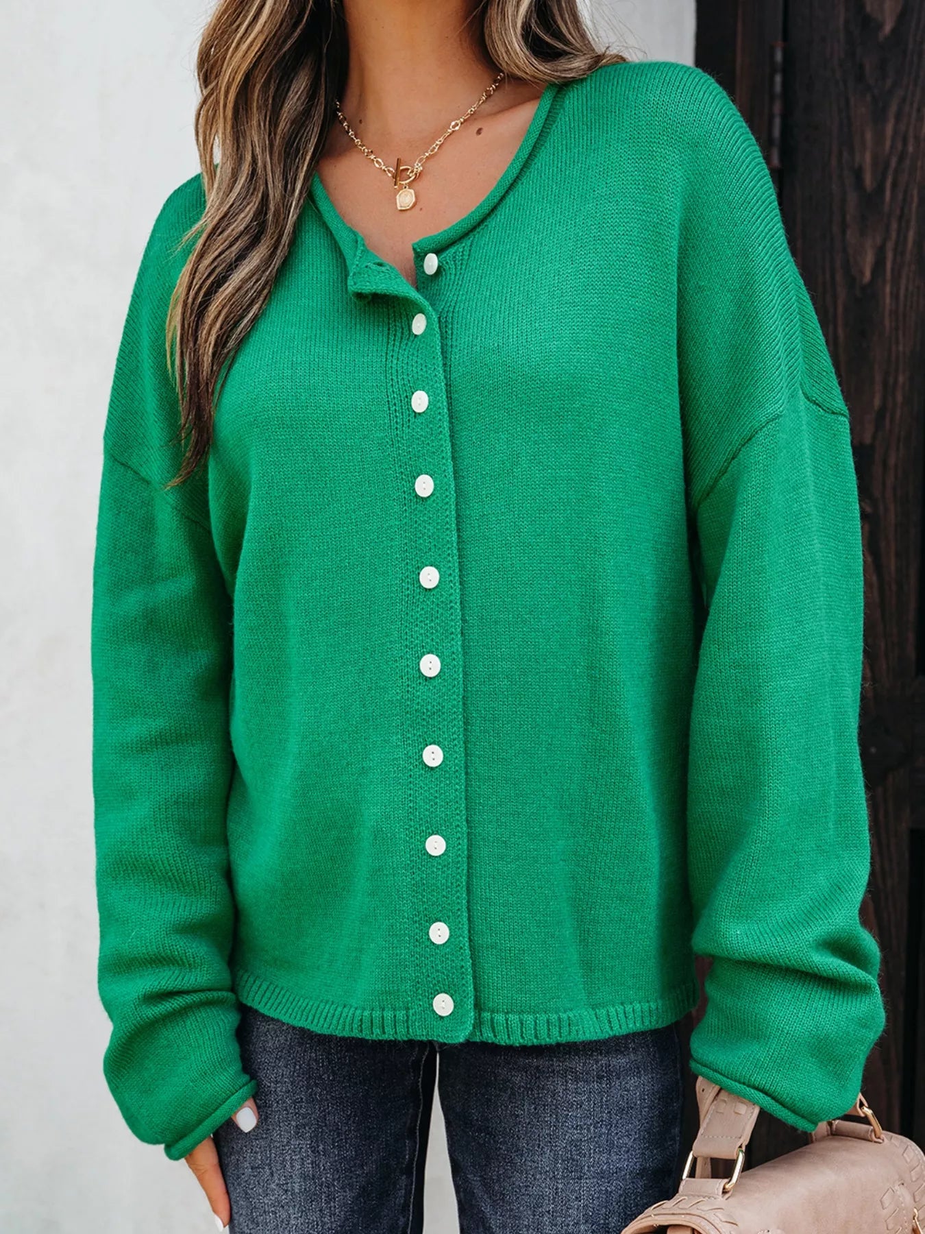 Solid Color Knit Button Drop Shoulder Sweater Cardigan OutfitFlow