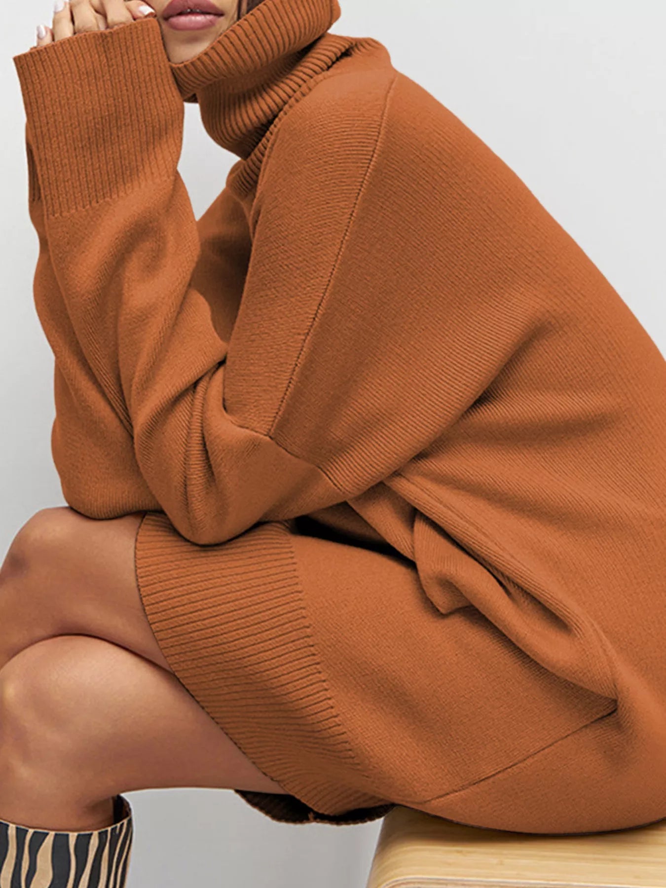 Solid Color Turtleneck Drop Shoulder Loose Sweater Dress OutfitFlow