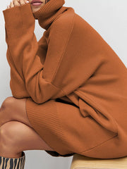 Solid Color Turtleneck Drop Shoulder Loose Sweater Dress OutfitFlow