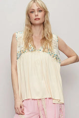 POL Lace Detail Frill Floral V-Neck Sleeveless Top OutfitFlow
