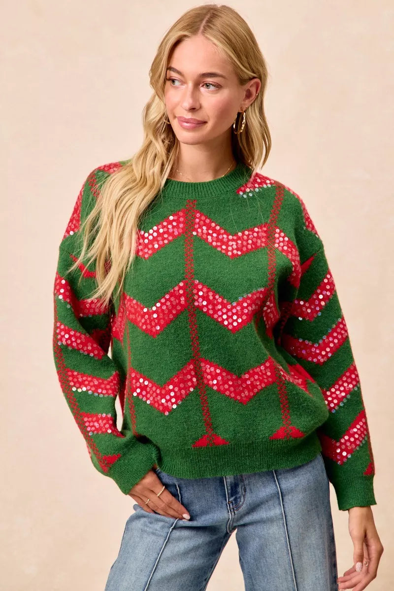 BiBi Christmas Theme Chevron Sequins Detail Sweater OutfitFlow