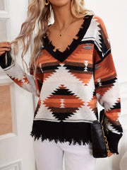 Geometric Frayed Hem V-Neck Long Sleeve Sweater OutfitFlow